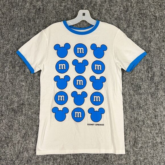 Disney‎ Springs Womens M&Ms Shirt S Blue White Ringer Tee Mickey Mouse - Picture 1 of 6